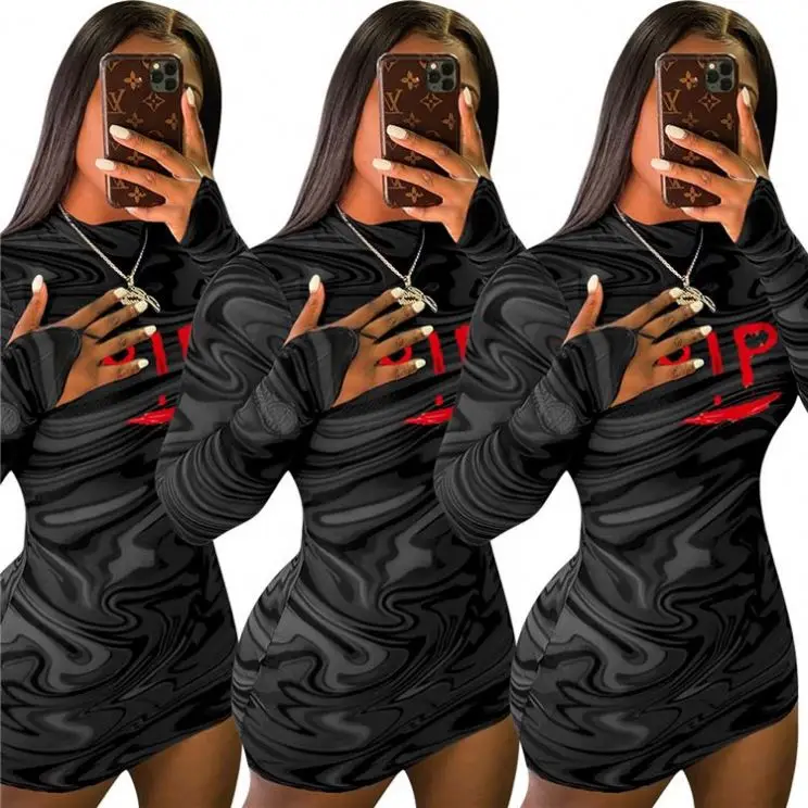 

XJSY003 Best Quality Letter Print Long Sleeves Spring And Summer 2021 Sexy Women Clothing Lady Club Dress Women Bodycon Dresses