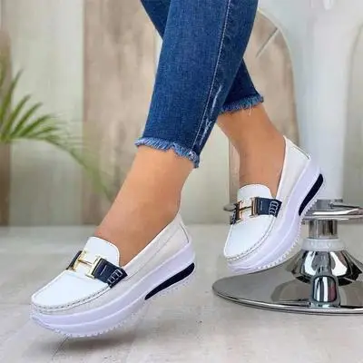 

Metallic buckle decor faux leather thick sole women loafer shoes round toe casual comfy platform slip-on lady footwear