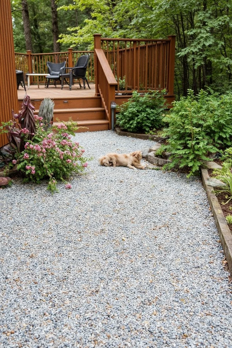 Gravel path edged with steel edging and low plants preventing pet access to flower beds