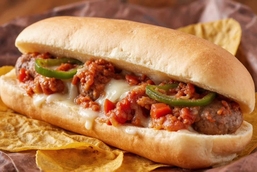 Close-up of sausage, peppers, and onions served in a toasted hoagie roll with melted provolone cheese