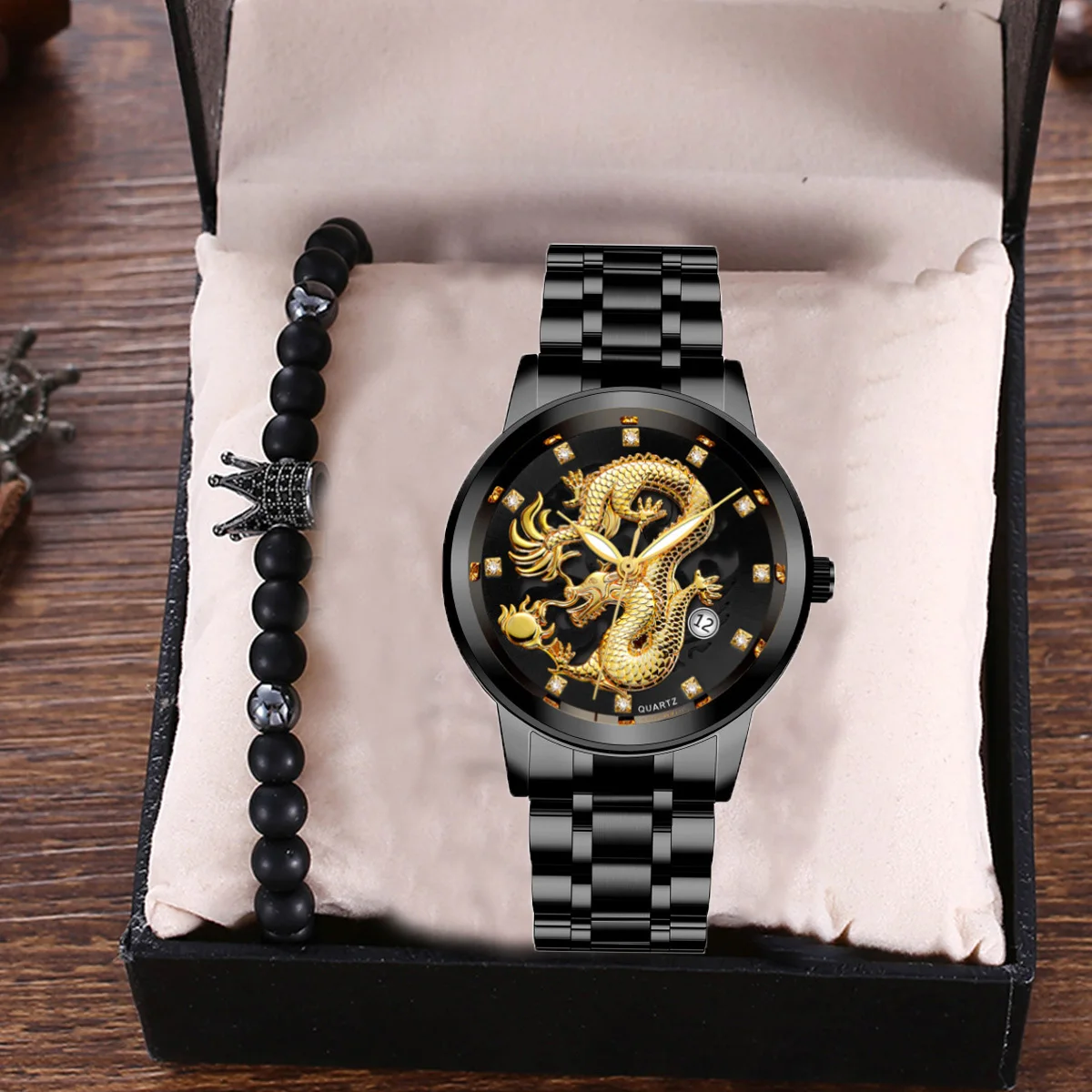 

3D Dragon Dial Bracelet Watch Golden Mens Watches Top Brand Luxury Chinese Dragon Watch Business Steel Quartz Clock Male Relogio
