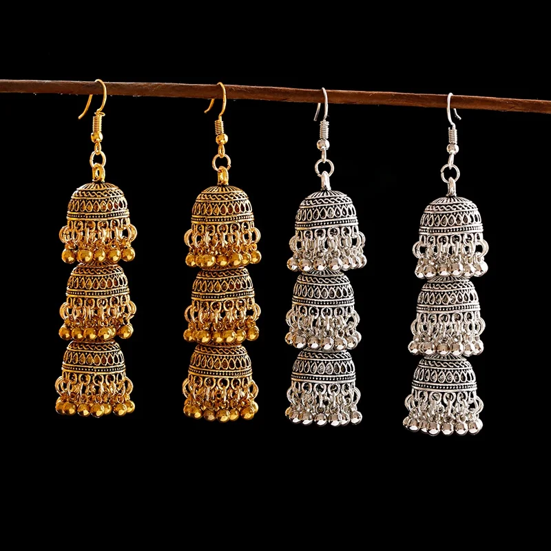 

Traditional boho ethnic jewelry silver gold vintage big tassel jhumka indian earrings