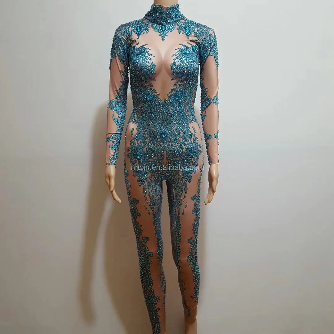 

Sparkly Skinny Blue Crystal Jumpsuit Female Singer Dancer Stones Costume One-piece bodysuit Nightclub Outfit Party Leggings