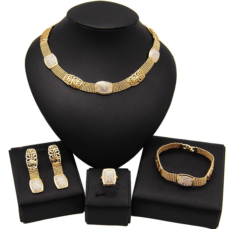 

Yulaili Brazil Gold Style Rhinestone Fashion Chain Jewelry Set Collar Bracelet Ring Earrings Plating 18K Real Gold Jewelry Sets