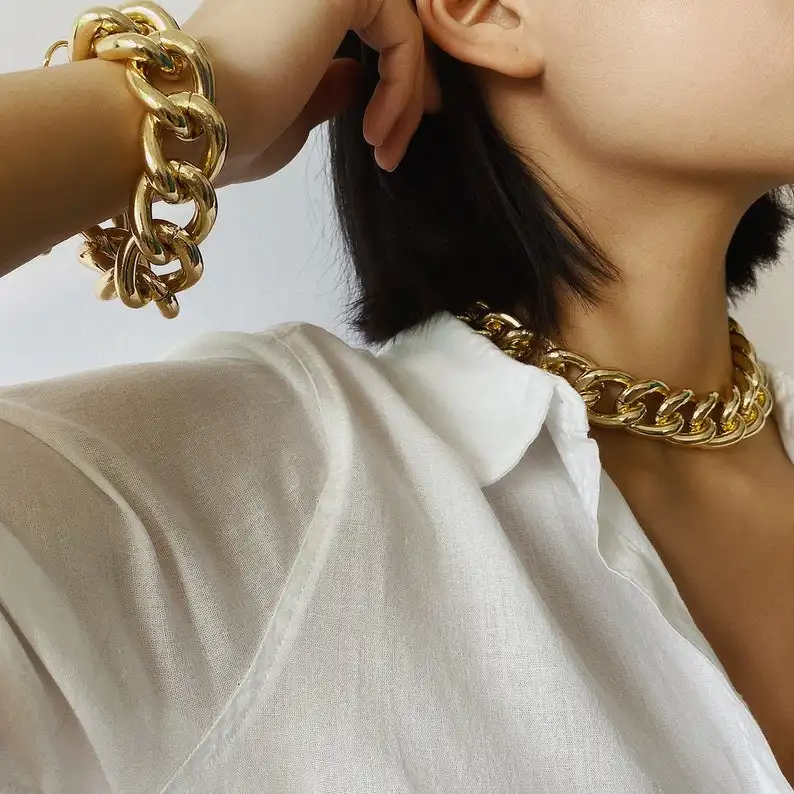 

New Design Stainless Steel Chunky Gold Tone Curb Link Chain Fashion Jewelry Set