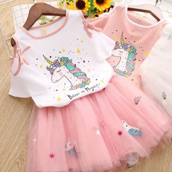 Girls Dress Summer Kids Cartoon Off Shoulder dress  top and skirt children clothing Sets Fashion Dresses 2pcs set