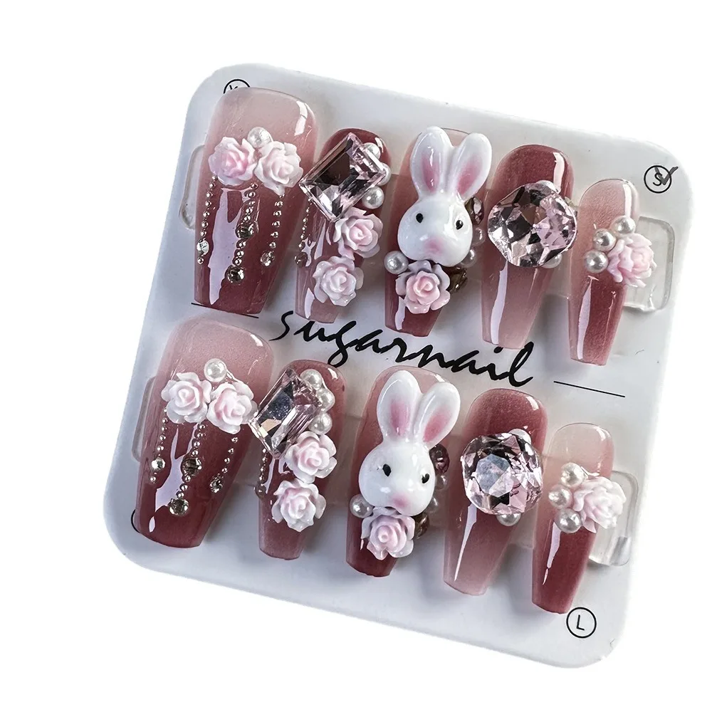 

Handmade 10pcs 3D Pink Bunny Luxury French Tip Nails Ombre Heart Diamond Coffin Ballerina Artificial Fingernails Press on nails