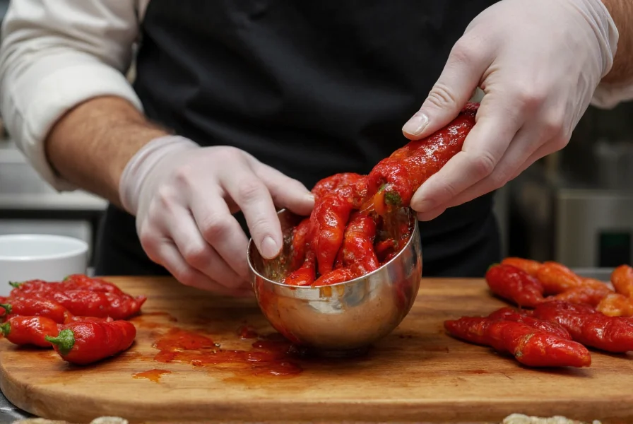 Chef carefully handling Carolina Reaper pepper with protective gloves while preparing hot sauce ingredients