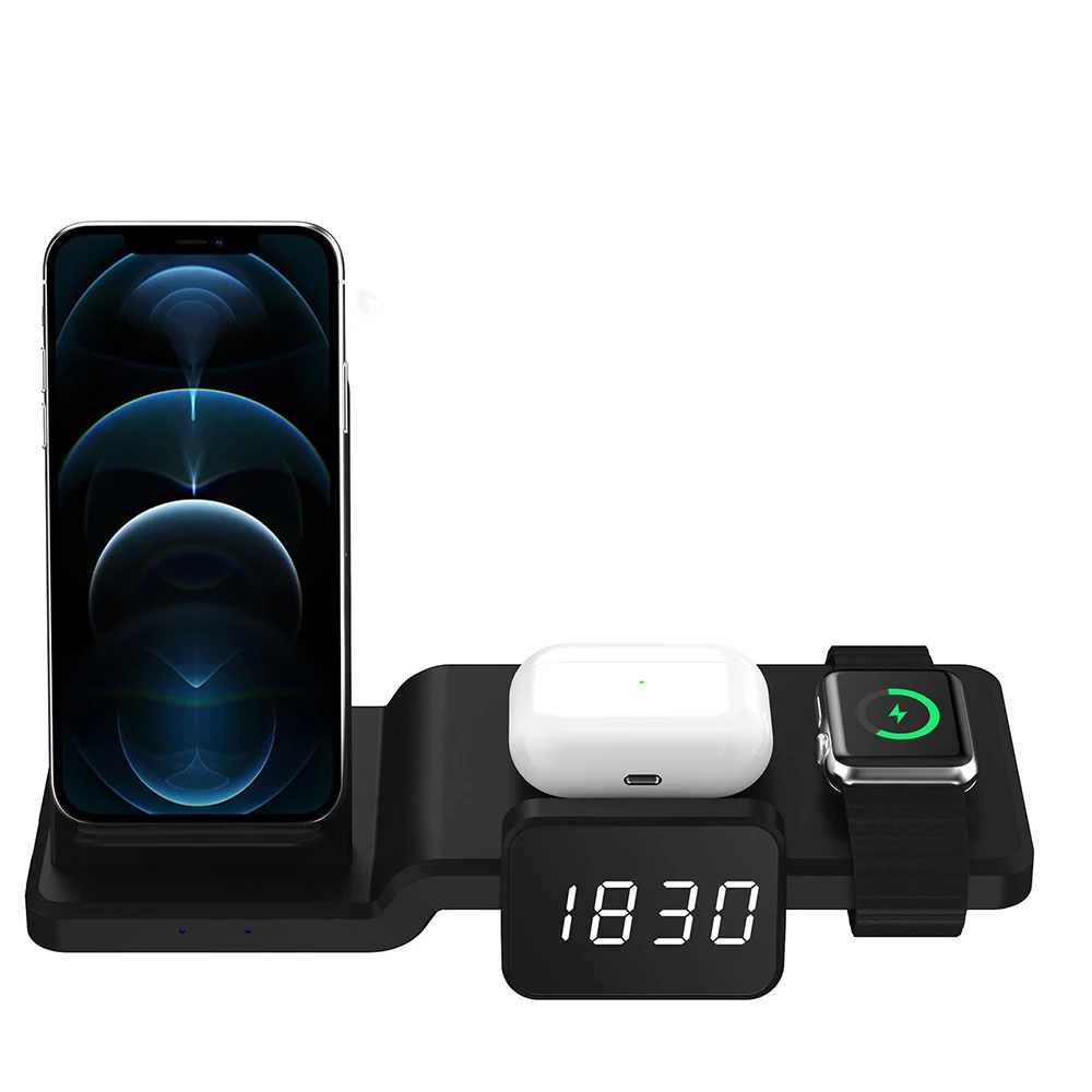 

Amazon Best Seller 5 in1 Wireless Charger 20W 15W Fast Quick Charging Wireless Charger Stand 3 in 1 Mutifunction Clock Chargers, Black white