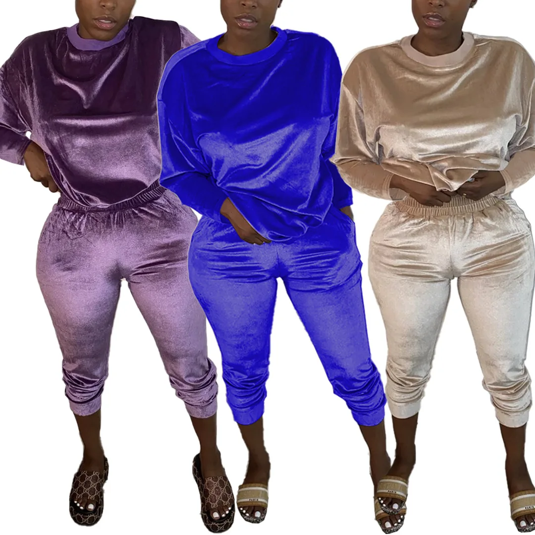 

wholesale Pure color round neck long sleeve top velvet pocket trousers two piece set