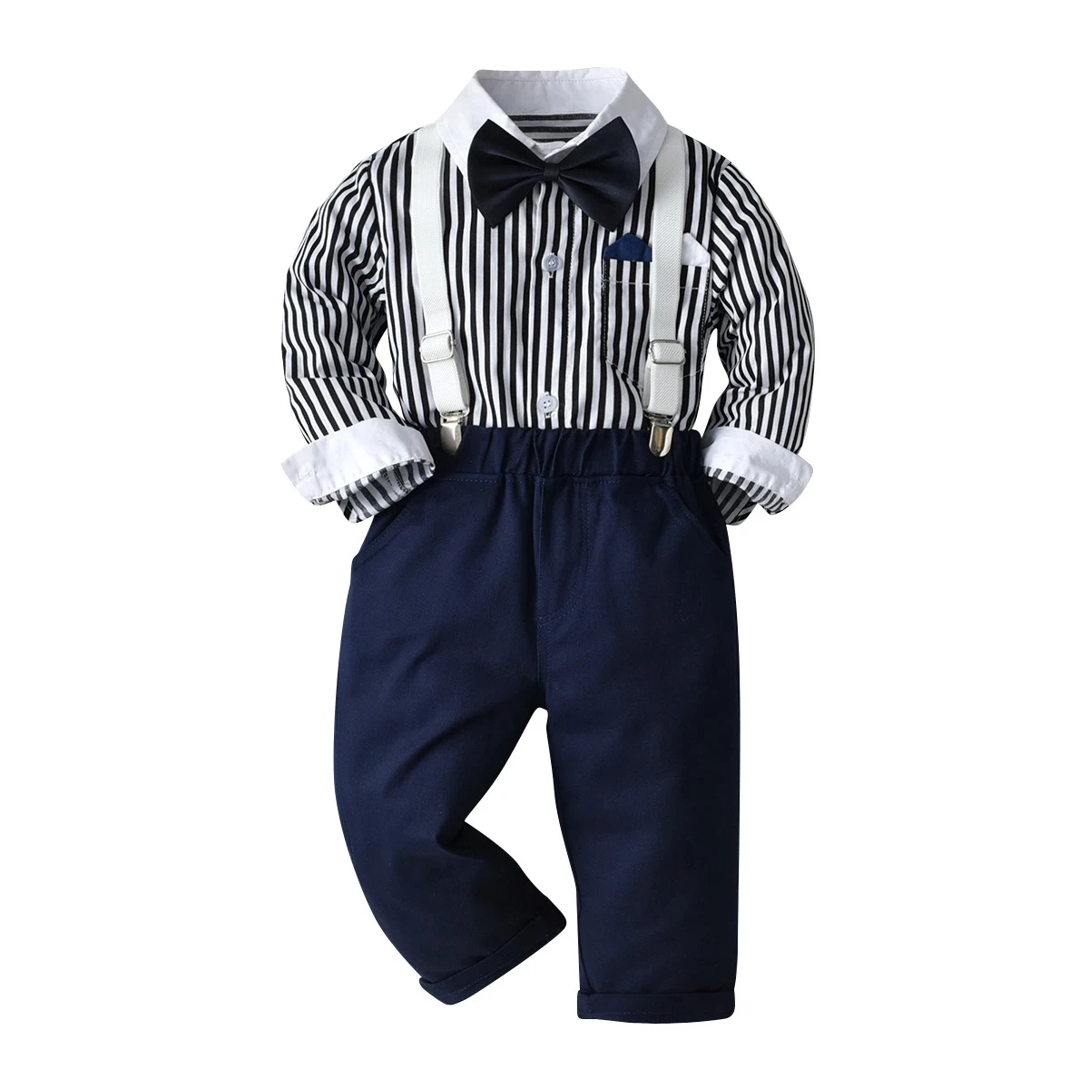 

2021 New Arrived Black&White Striped Shirt + Navy Pants 4 Pieces Children Suit Set, Blue,gray