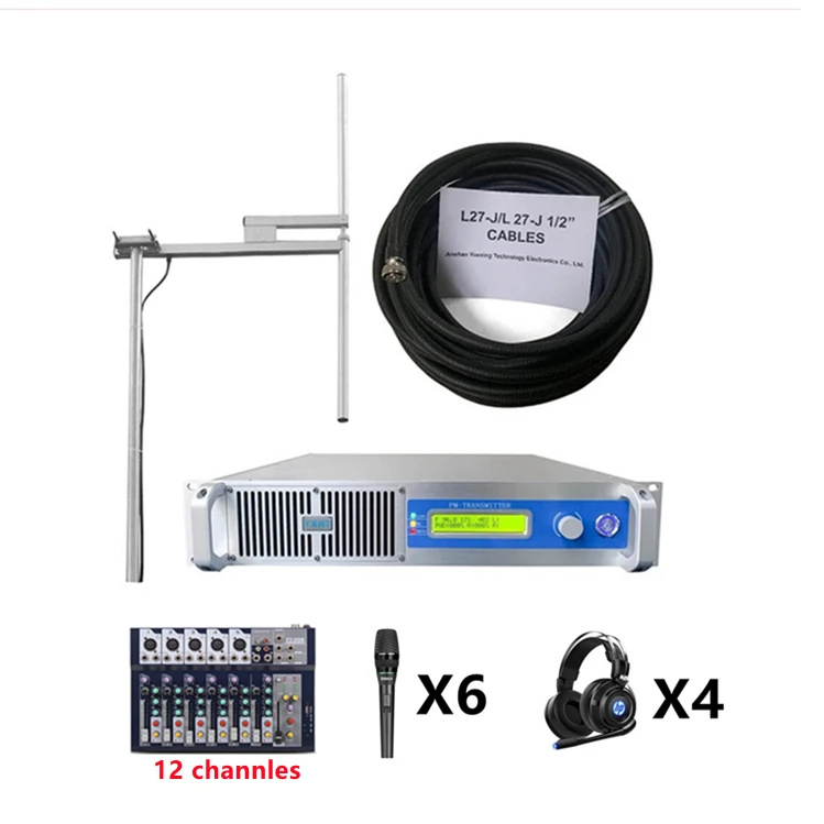 

YXHT 1KW FM Transmitter + 1-Bay Antenna + 100 Meters Cables with Connector + 12ch Mixer + 6pcs Microphones