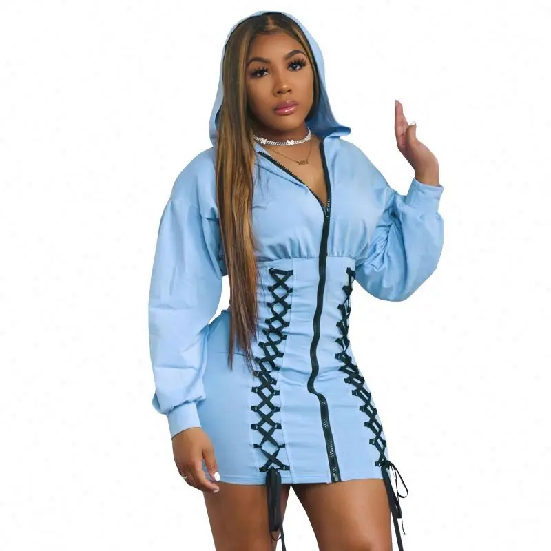 

Fast Shipping Fashion Women's Fall Casual Solid Color High Waist Zipper Drawstring Women Hooded Dresses, As photo showed