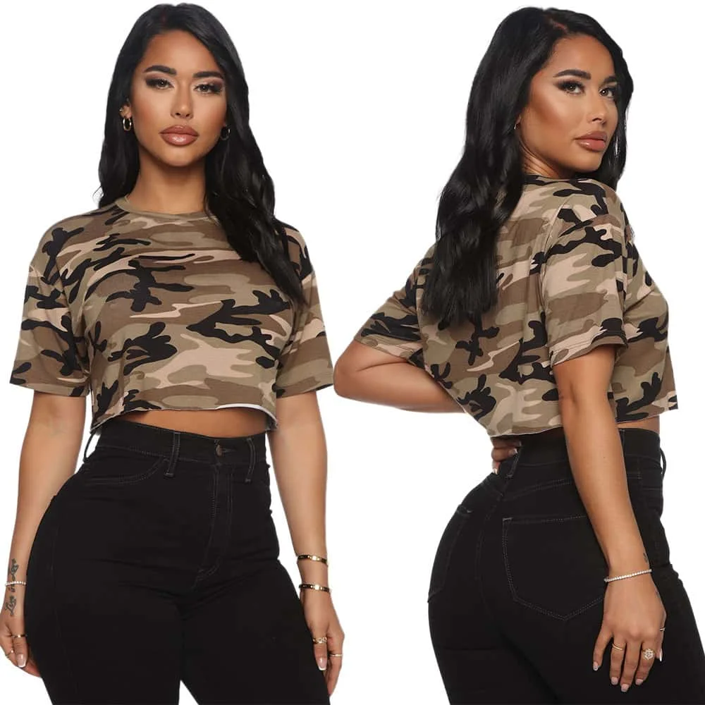 

New product listing women's t-shirts crop top t-shirt camouflage print women's sports, Customized color