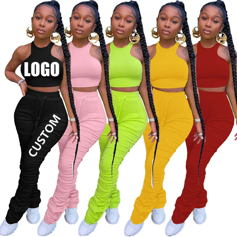 Conyson fashion summer Custom logo Made Outdoor women pure color suit clothes two-piece pant women clothes complete set