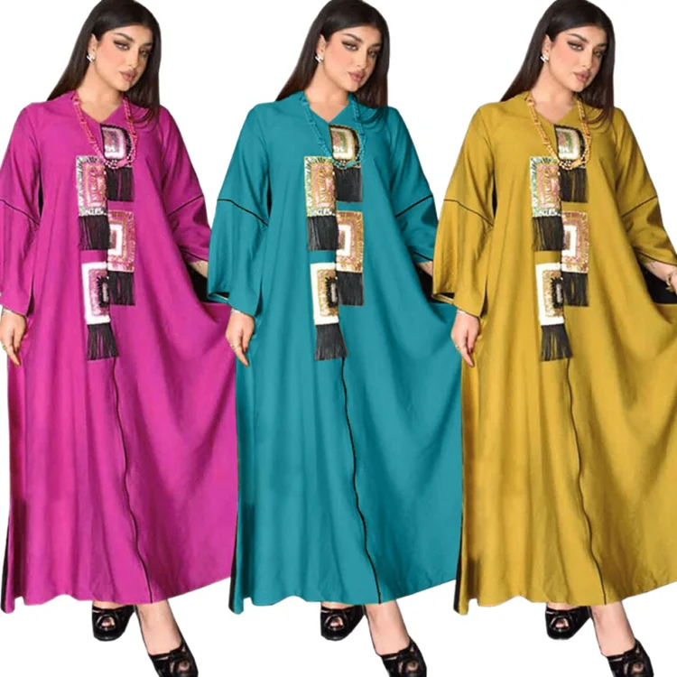 

evening print dubai long islamic clothing abaya women muslim dress, Black & yellow, purplish red, malachite blue