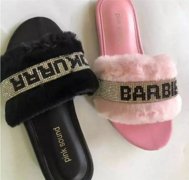 

Latest Design Rhinestone Letter Faux Fur Fluffy Slippers, Black,pink
