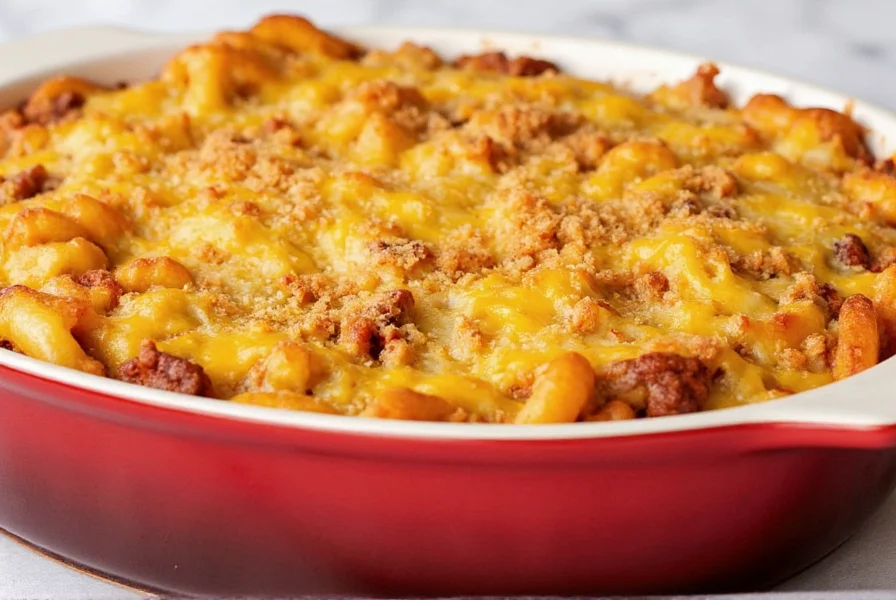 Chili macaroni bake in ceramic dish topped with melted cheese and breadcrumbs