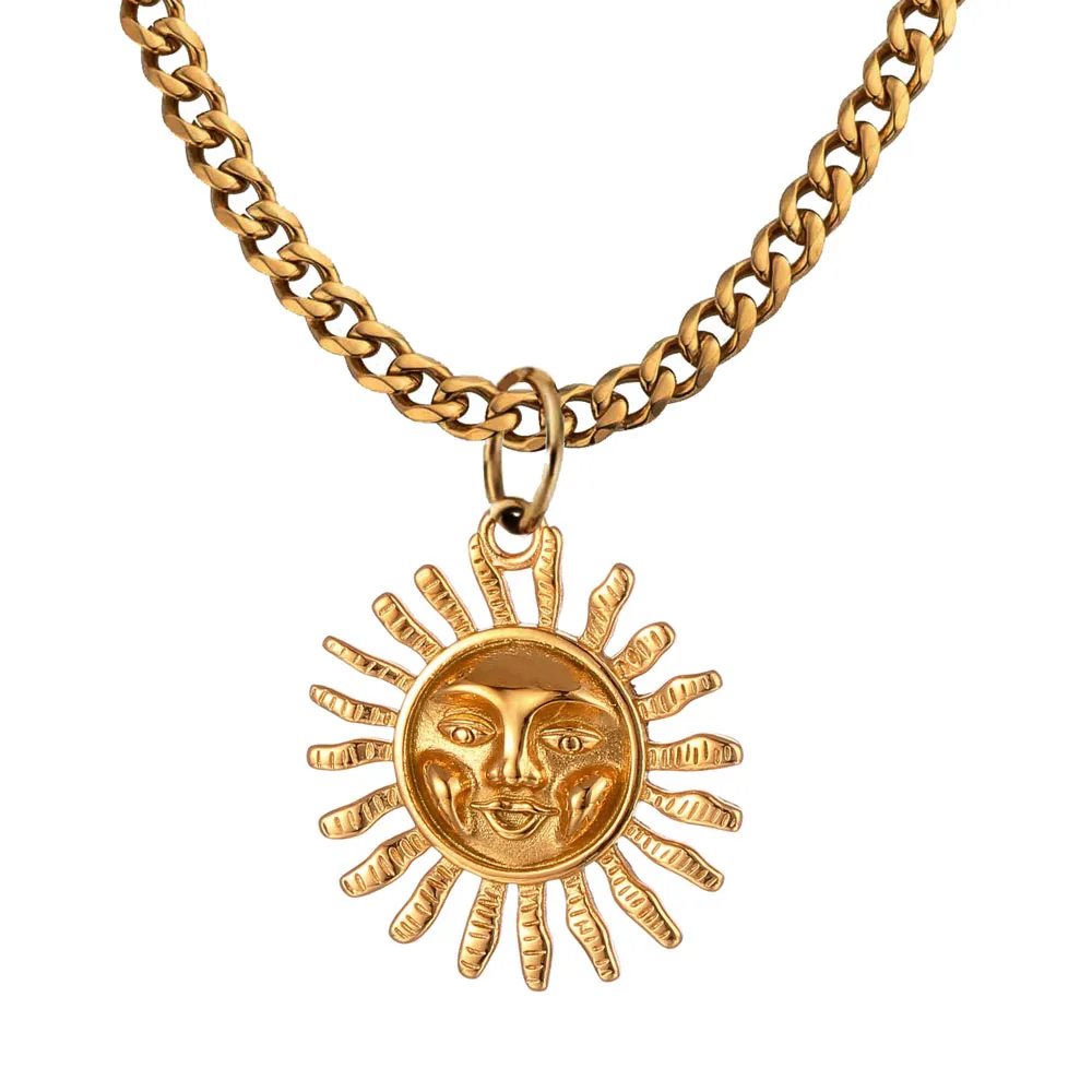 

Stainless Steel Necklace Fashion Jewelry Sunshine Pendant For Women 18k Gold Cuban Chain Smile Sunlight Sun Pendant Necklace