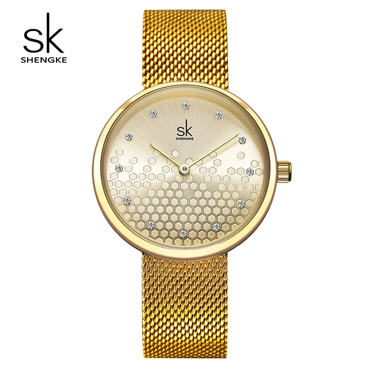 

SHENGKE Unique Lady Watch Honeycomb Dial Japan Quartz Wristwatch Stainless Steel Mesh Band Watches K0125L