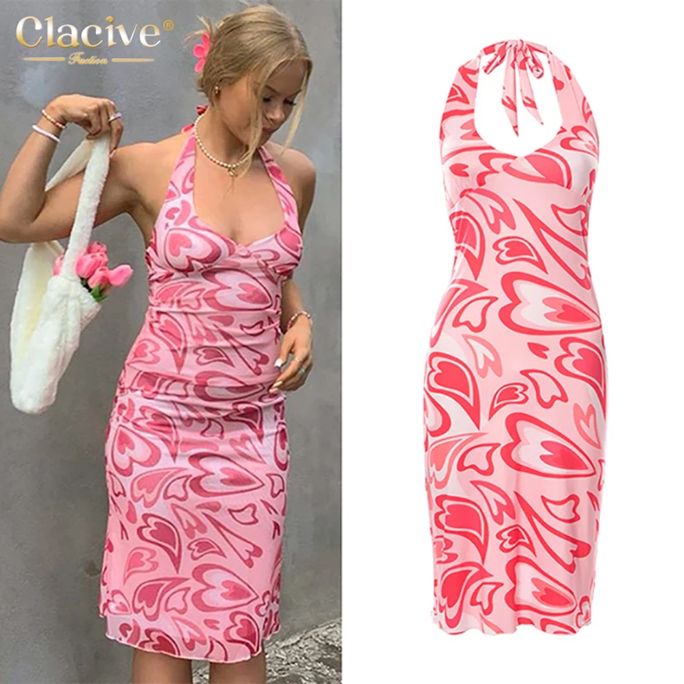 

Clacive Clothing Suppliers Green Fashion Halter Lace Up Sexy Print Women Clothes Slim Summer Dress 2022, Pink;green