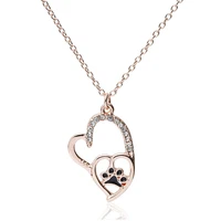 

Rose Gold Plated Dog Lover Gift Jewellery Love Heart Necklace Pendant Rhinestone Necklaces Women Enamel Cat Paw Necklace