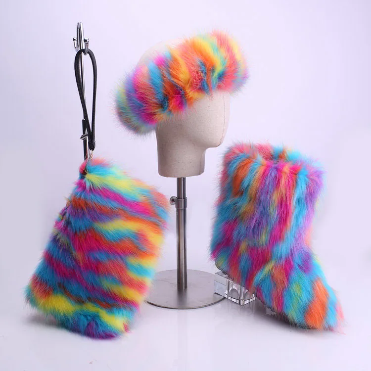 

21 colors Handmade Custom Mom Children 3 Pcs Set Plush Headband Faux Fur Handbag Purse Furry Snow Boots, Mixed color