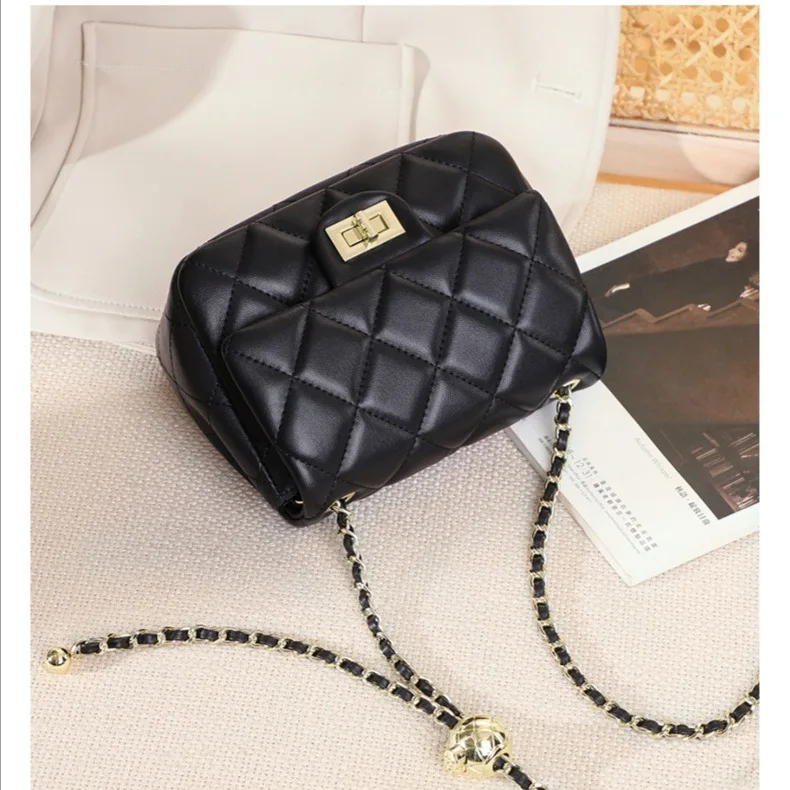 

2021 New Item Fashion Leather Classic Women Ladies Shopper Carry Shoulder Rhomboid Chain Metal Ball Slant PU Women's Chain Bag, Black