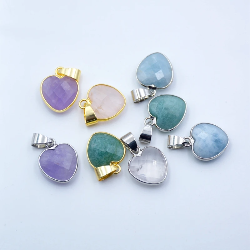 

Wholesale natural heart shape double faceted stone 14k gold plated gemstone pendant charms jewelry crystal for love, Multi