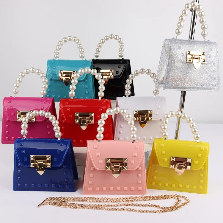 

Wholesale Low Price PVC kids clear mini coin purses date jelly pearl handbags women jelly shoulder bags