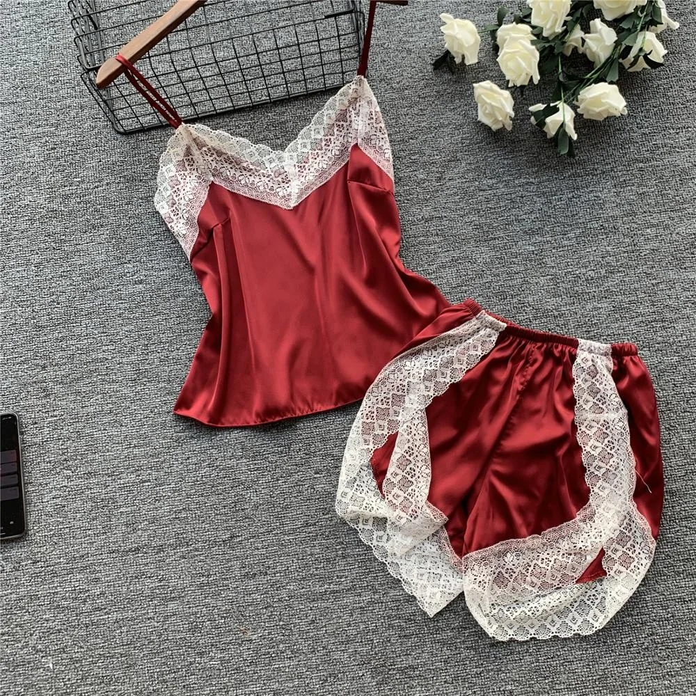 Women Sexy Lingerie Two Pieces Sleepwear Set Lace Insert Satin Silk Pajamas Short Set