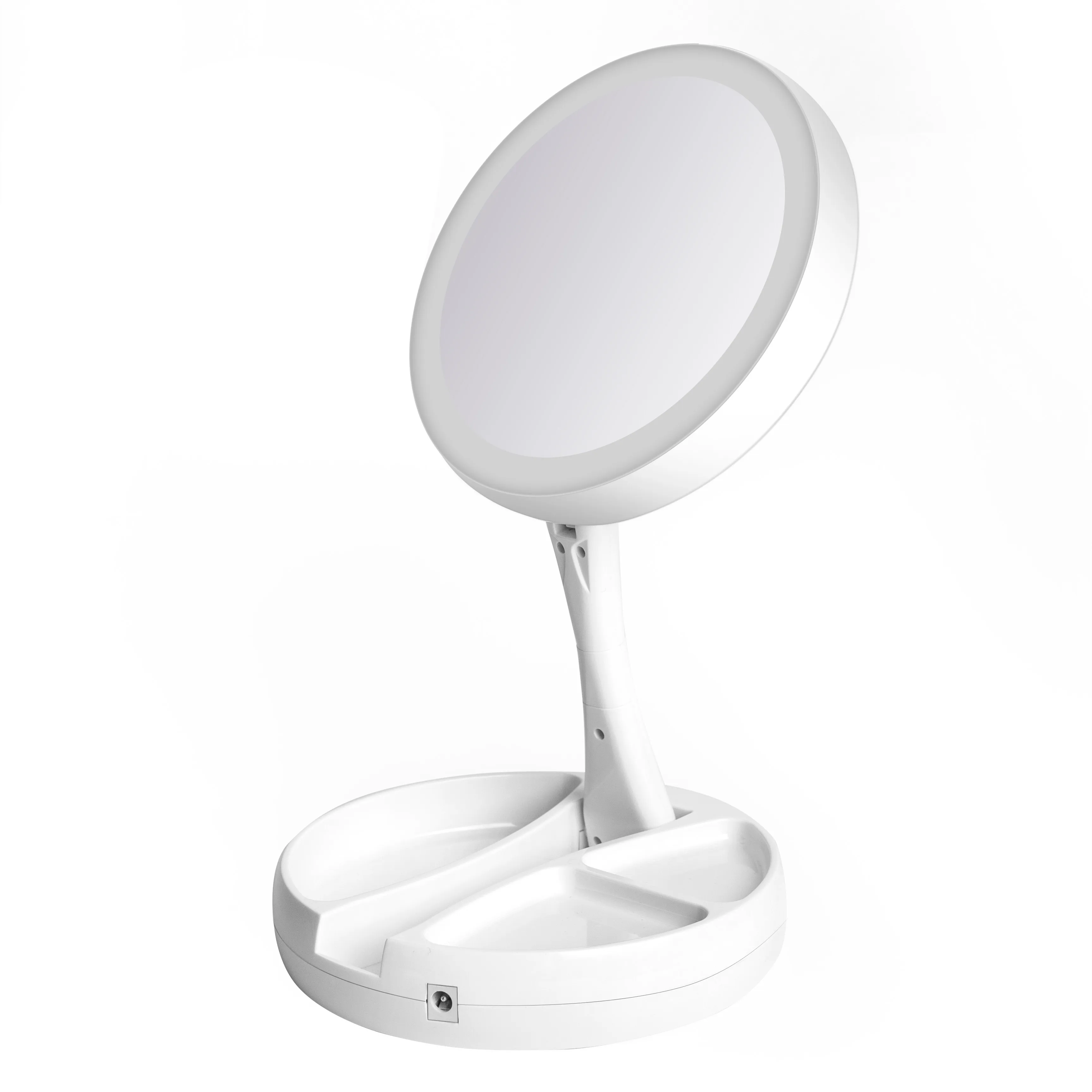 

Custom Cheap Plastic Table Mirror Round Glass Standing Led Vanity Makeup Mirror With Light, White