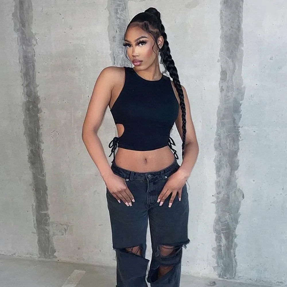 

Fashion 2022 new arrivals summer women's Black tank crop tops bandage Hollow Out Sleeveless skinny vest women lady clothing