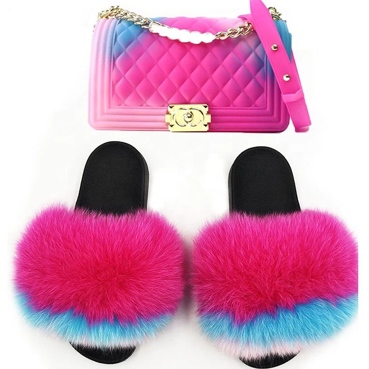 

TB0001 Amazon hotsale luxury women colorful jelly handbags real fox fur slippers bag sets fox slides purse set fur slippers set, As photo