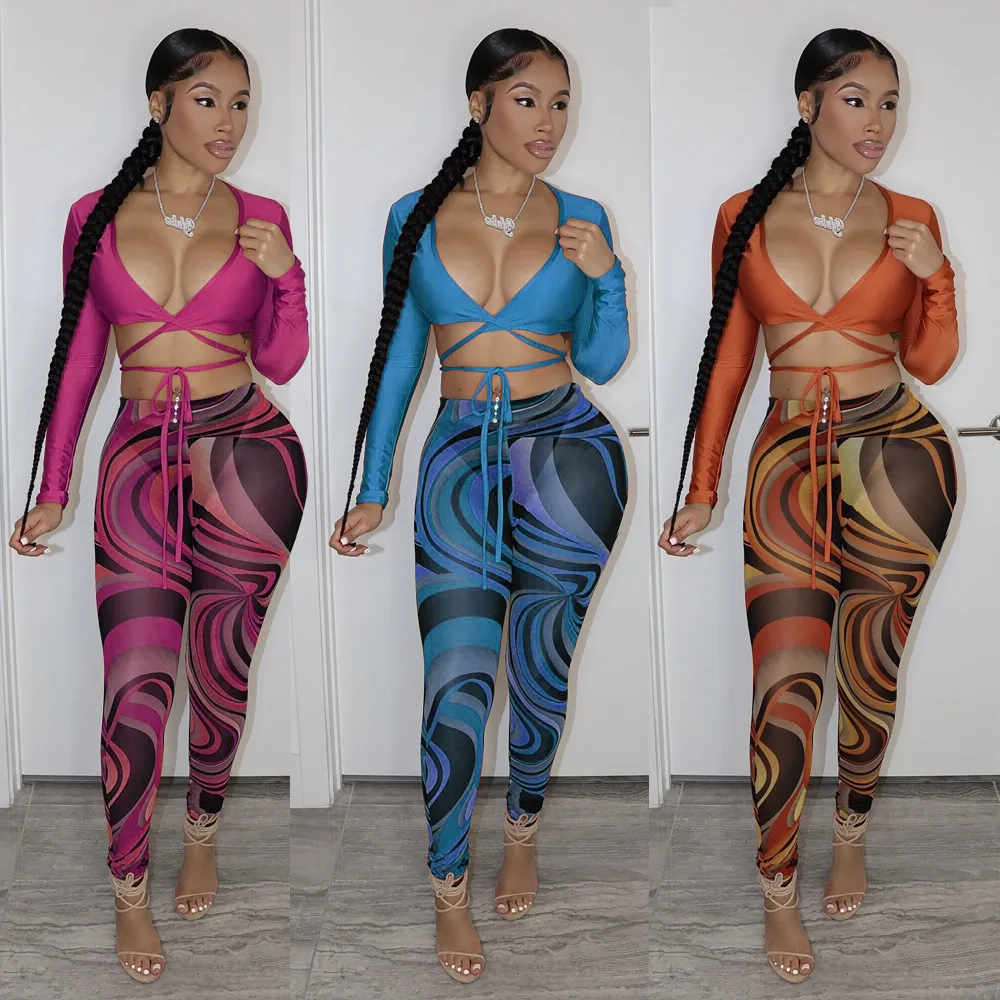 

Fashion printed night club clothing Women's sexy long sleeve tank tops and leggings 2 piece set 2021 new arrival