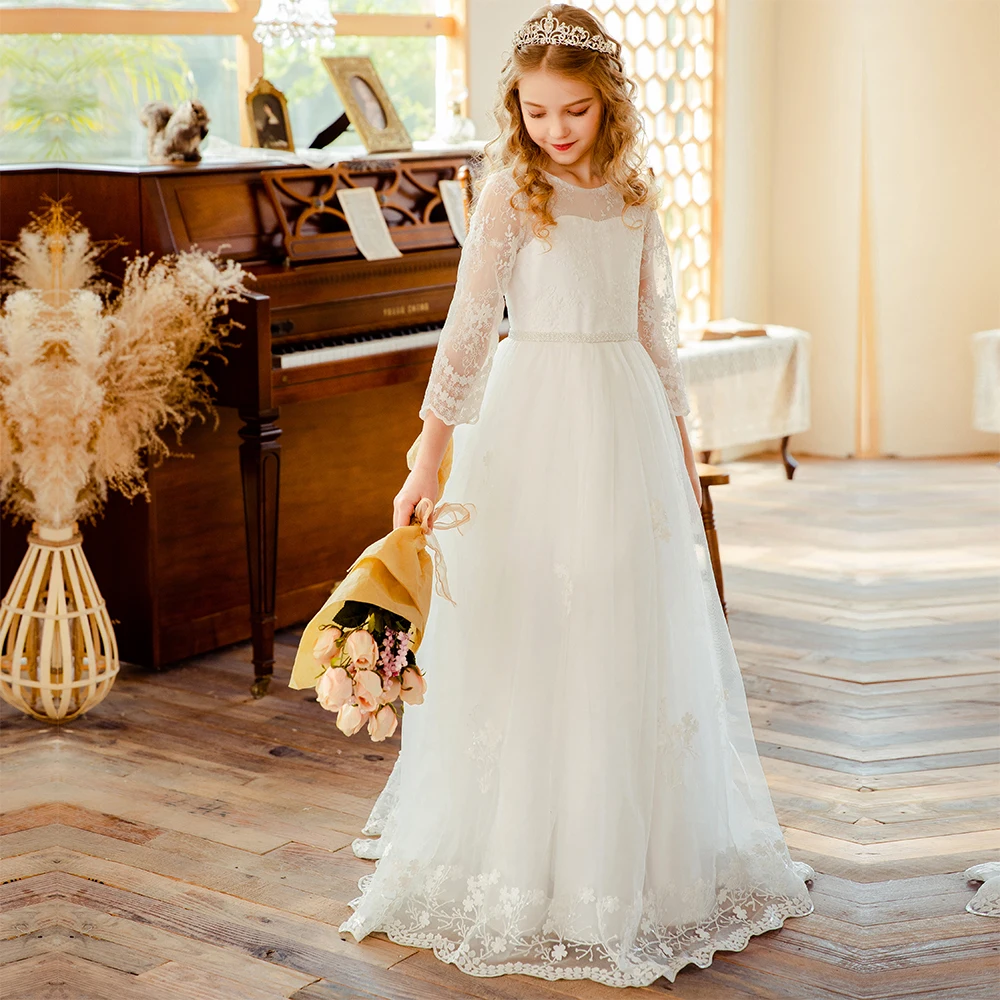 

Latest design little girls wedding party evening lace sleeve long full-length ball gown first holy communion flower girl dresses