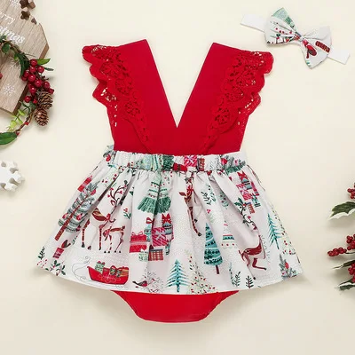 

F41282A 2021 the new arrival summer hairband +Baby lace fly sleeve lace baby girl clothes romper baby girls' rompers, As picture