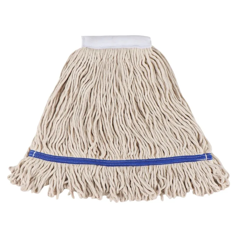 Natural white cotton looped-end mop head with a blue tail band and a white headband