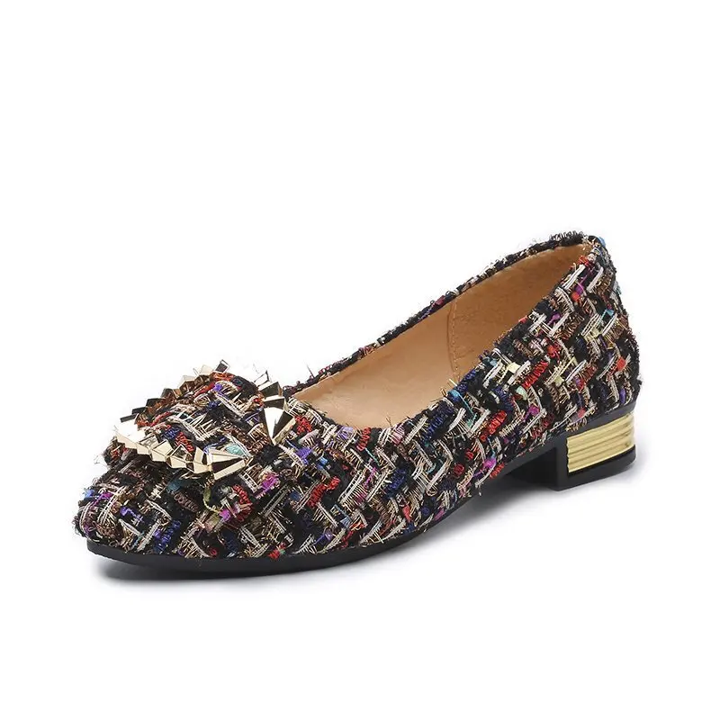 

2021Spring new shoes women's Chanel-style woven peas shoes Korean fashion pointed toe square heel shoes