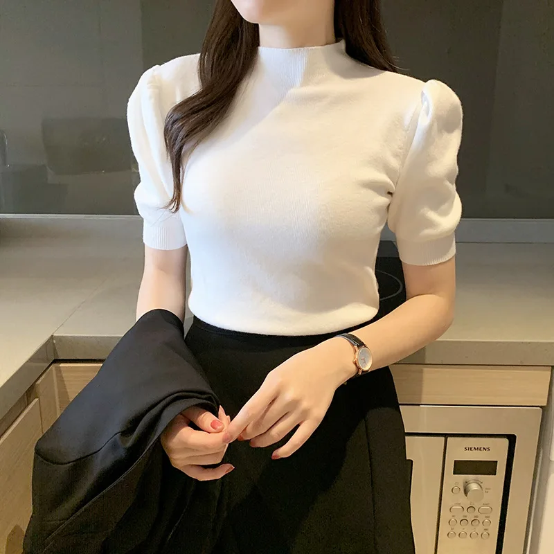 

2021 New Korean Women Girls Half Puff Sleeve Solid Color Stand Collar Knit Base Slim T-shirt Sweater Tops Tight-fitting Knitwear