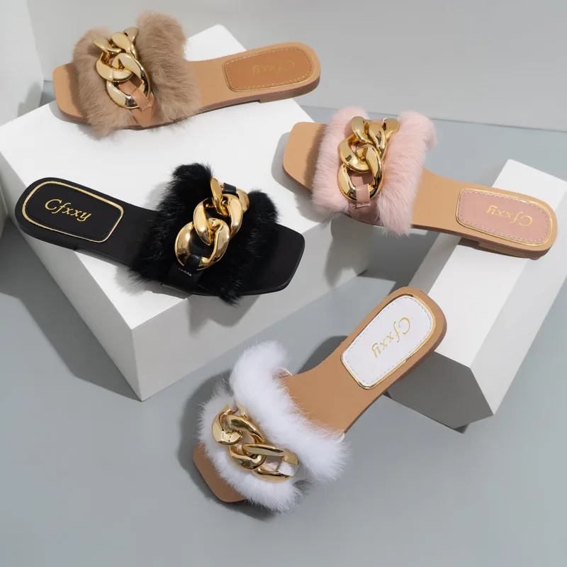 

2021 Fashion Indoor Slippers For Women And Ladies Designer Luxury Chain Slippers Famous Brands Female Custom Casual Fur Slipper