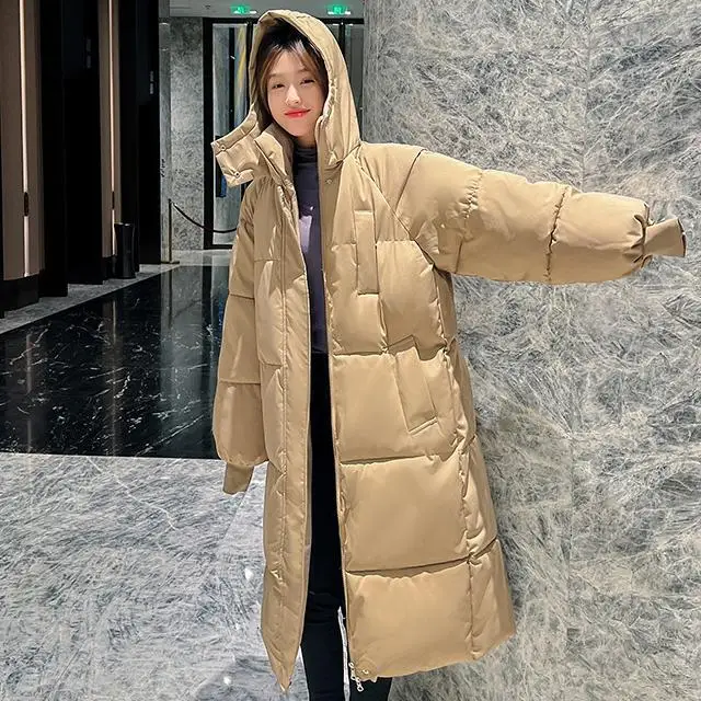 M-3XL  New Mid to Long Winter Cotton Jacket Knee Length Loose and Thick Cotton Clothing Hooded Cotton Jacket
