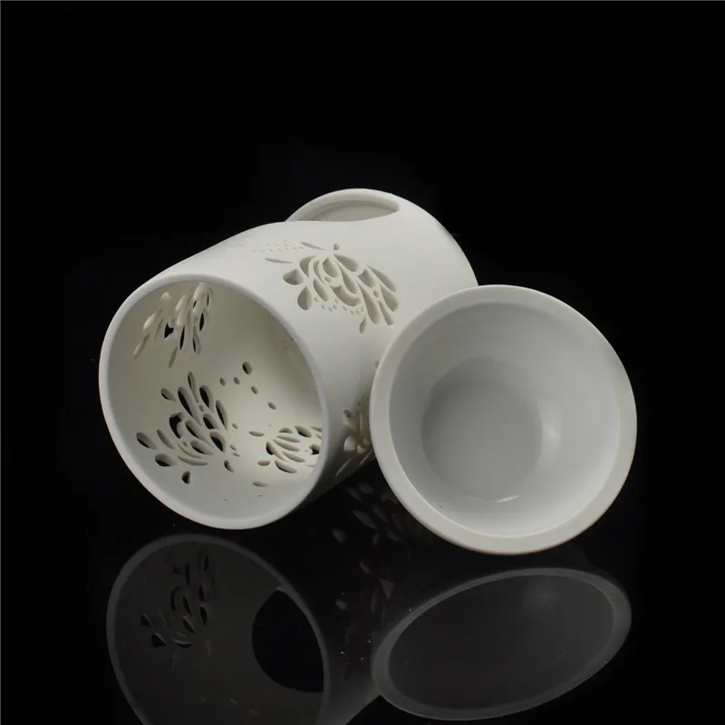 Floral Pattern Ceramic Tealight Candle Holder Oil Burner Home Decoration Romantic Gift White Set of 2