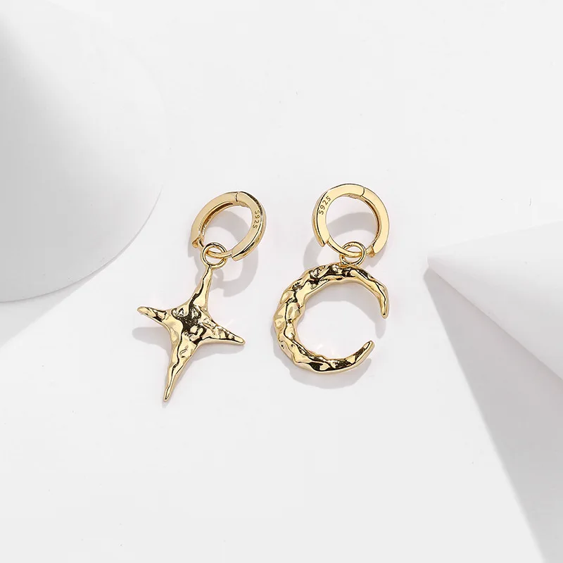 Wholesale 925 Silver Earrings Women 925 Sterling Silver Moon and Star Drop Hoop Earrings Gold Plated Drop Earrings Jewelry