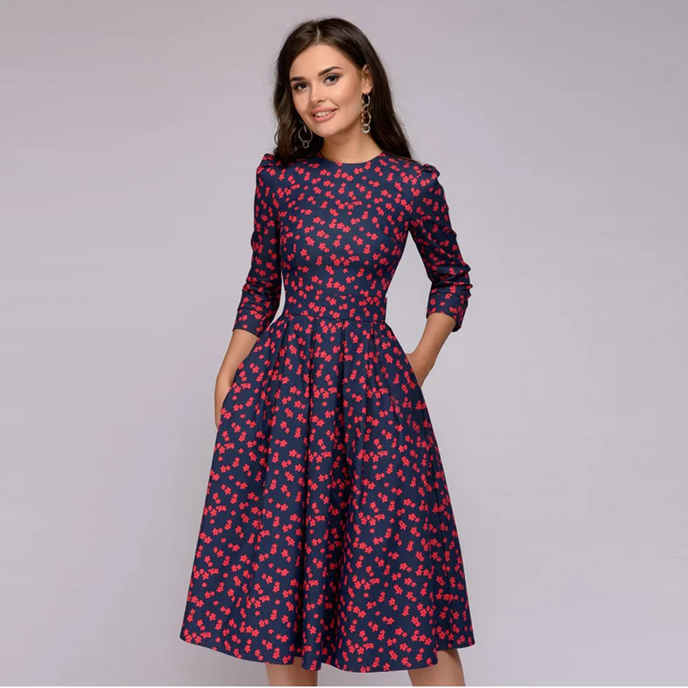 Women Elegent A-line Dress 2021 Vintage printing party vestidos Three Quarter Sleeve women Spring Dress(No Pockets) N0080