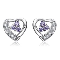 

925 Silver Three-layer Platinum Plating Zircon Earrings Purple Hollow Heart Crystal Hypoallergenic Stud Earring For Girls