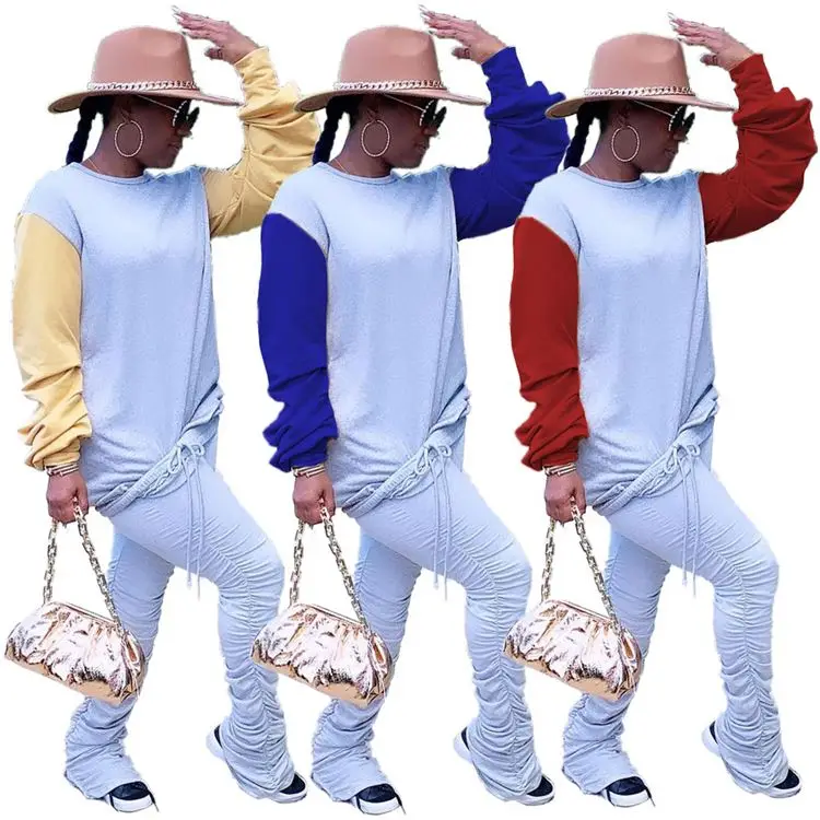 

D95845 Newest Design High Quality Women Fashion Clothing 2020 Winter Contrast Color Stack Pants Woman 2 Piece Set