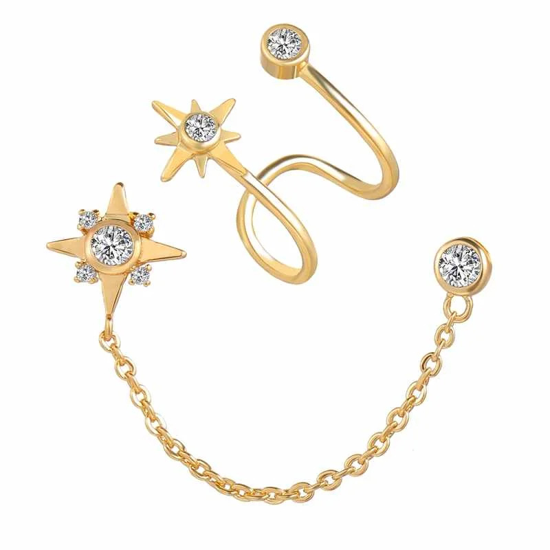 

Trendy Gold Plated Moon Star Clip on Earrings Crystal Stud Long Chain Hanging Earrings for Women