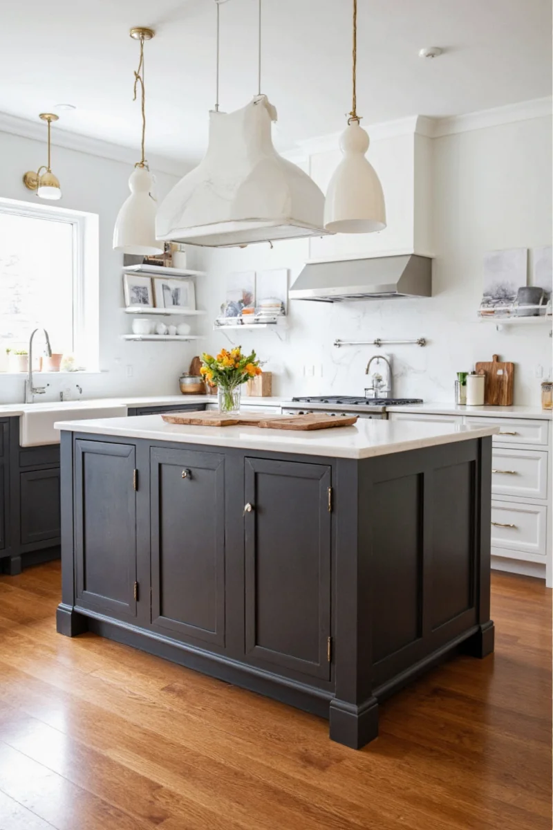 Fold-down kitchen island with white laminate surface