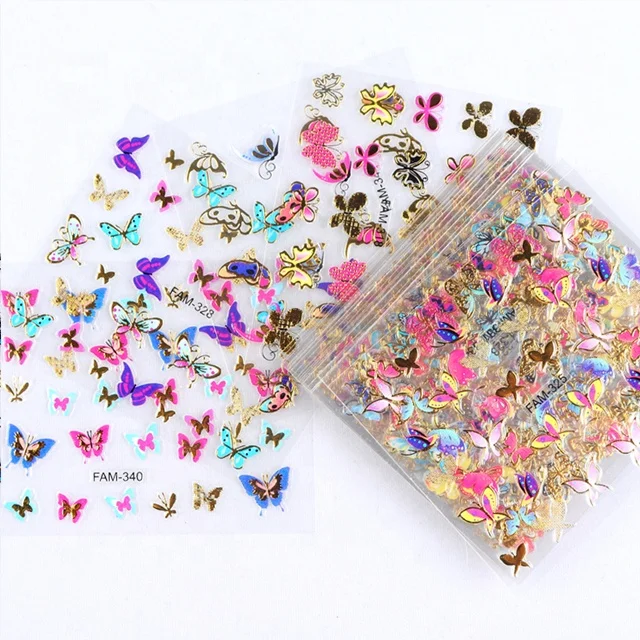 

30pcs Gold Silver 3D Nail Art Sticker Hollow Decals Mixed Designs Adhesive Flower Nail Tips Letter Butterfly paper nail